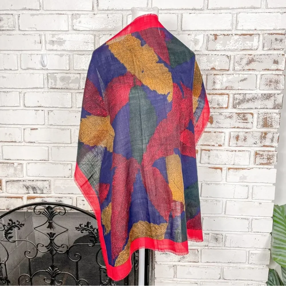 Vintage 80s Eddie Bauer Wool Red Blue Yellow Green Fall Leaf Italy Scarf